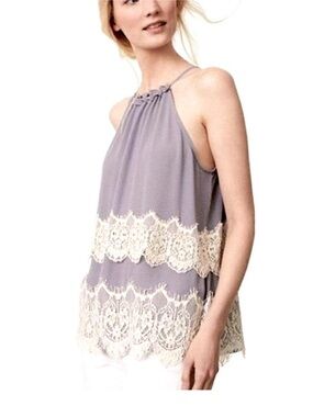 LOFT Sleeveless Lace-Trim Halter Tank Top SZ L Grey Heather Storm Blue
